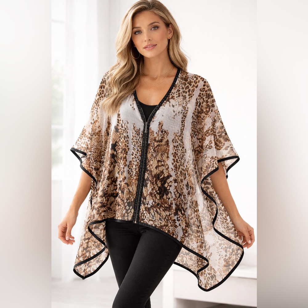 Alberto Makali Sheer Animal Print Zip-Front Poncho Top – Size S (NWT)
